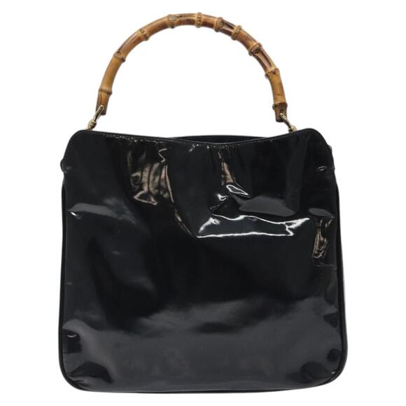 GUCCI Bamboo Hand Bag Enamel Black Gold 001 1014 1638 0 - Picture 3 of 12